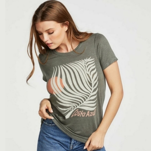 Chaser Tops - Chaser Olive Green Costa Azul Linen Short Sleeve Graphic T-Shirt